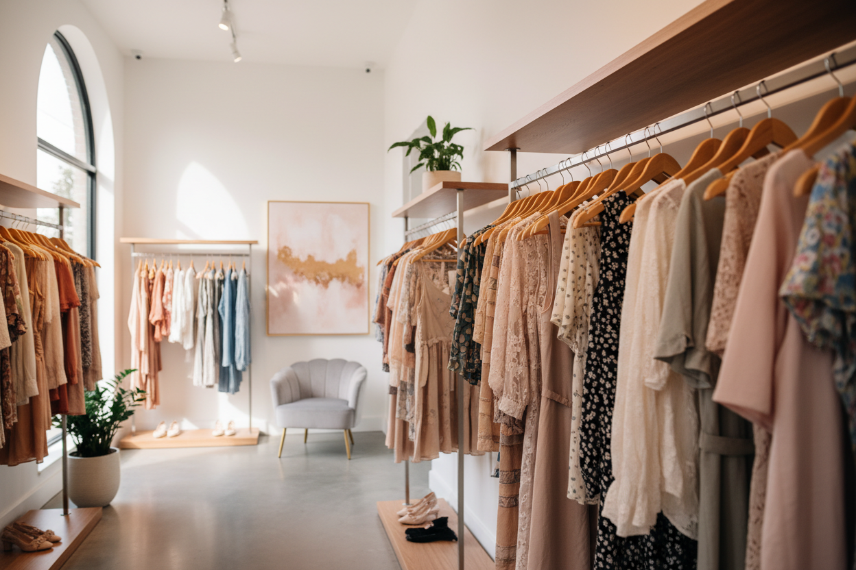 vetements acroché sur cintre dans une boutique pour femmes